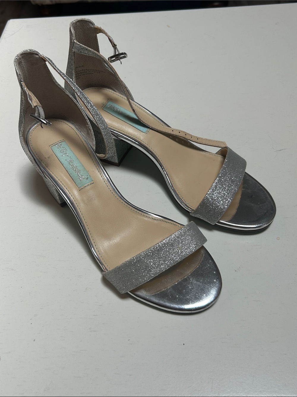 Betsey Johnson Silver Glitter Ankle-Strap Block Sandals